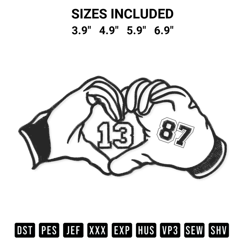 Shop the Travis Kelce 87 Hands Heart Swift 13 Embroidery Design machine embroidery pattern at Designspacks.com. Beautifully digitized for flawless stitching on any fabric. Available sizes: 3.9", 4.9", 5.9", 6.9".