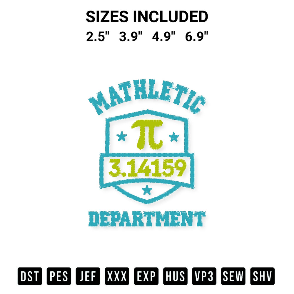 Discover the perfect addition to your crafting collection: Mathletic Department Pi Day Embroidery Design embroidery file. Instantly available at Designspacks.com. Available sizes: 2.5", 3.9", 4.9", 6.9".