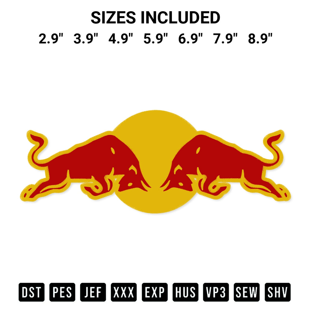 Add a unique touch to your apparel with the Red Bull Embroidery Design embroidery file. Premium instant download available now on Designspacks.com. Available sizes: 2.9", 3.9", 4.9", 5.9", 6.9", 7.9", 8.9".