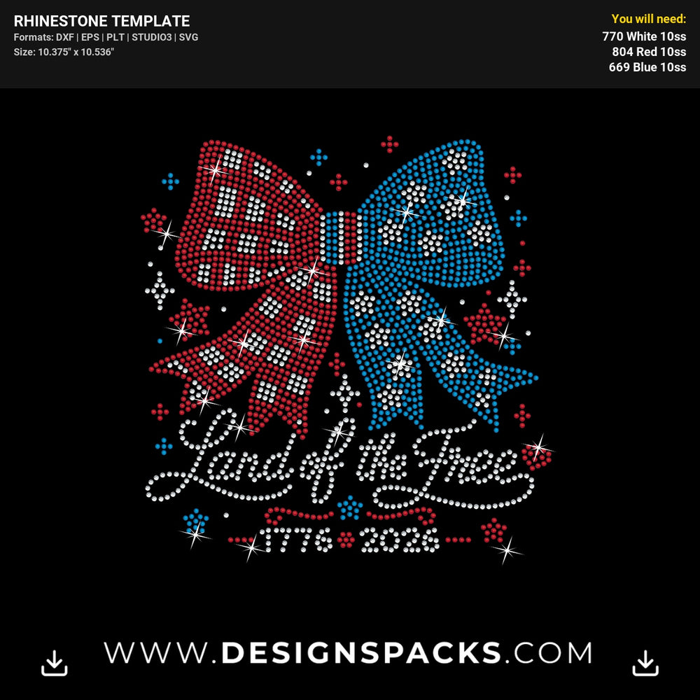Land Of The Free 4Th July Coquette Bow Rhinestone Digital Template