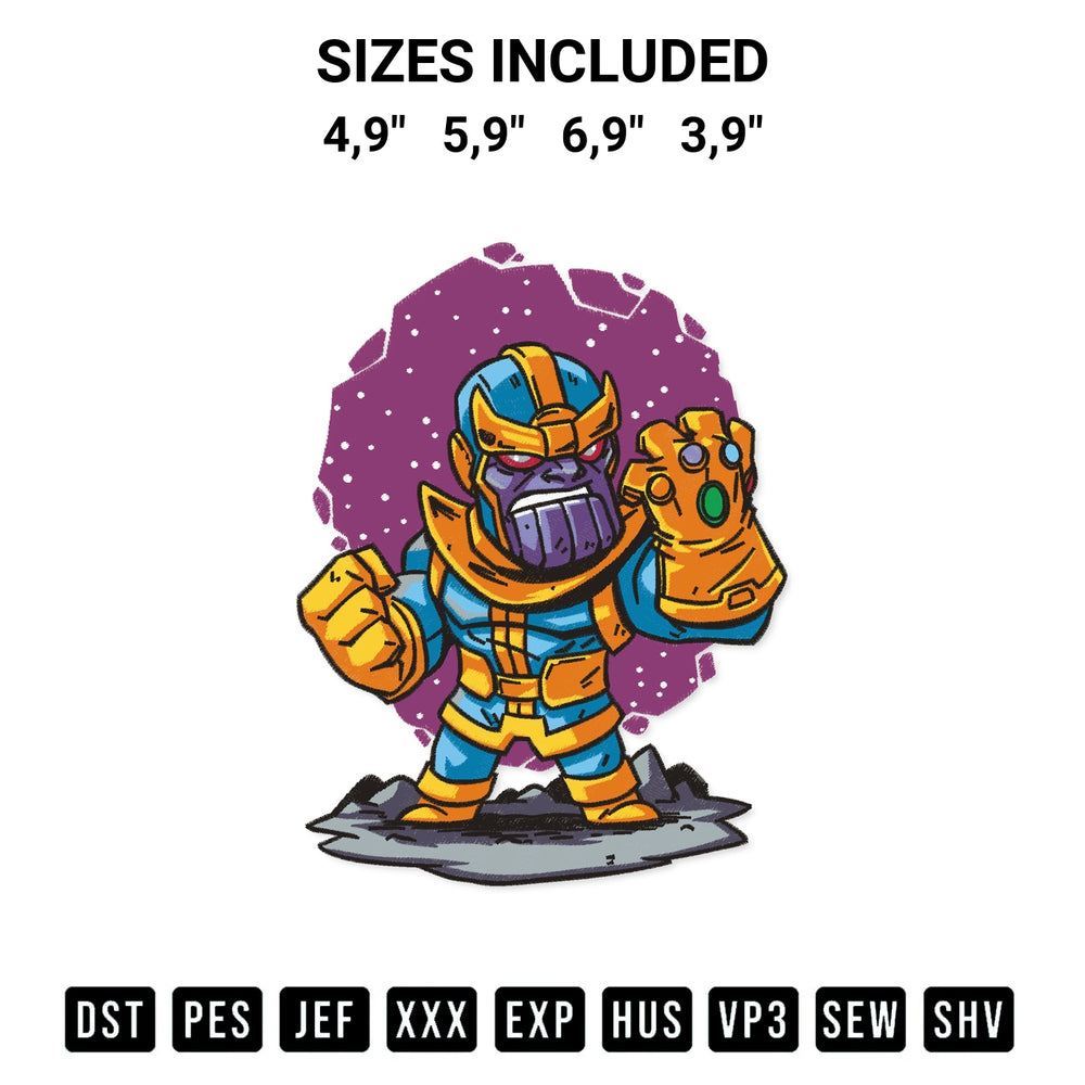 Shop the Chibi Thanos Avengers Logo Embroidery Design machine embroidery pattern at Designspacks.com. Beautifully digitized for flawless stitching on any fabric. Available sizes: 4,9", 5,9", 6,9", 3,9".