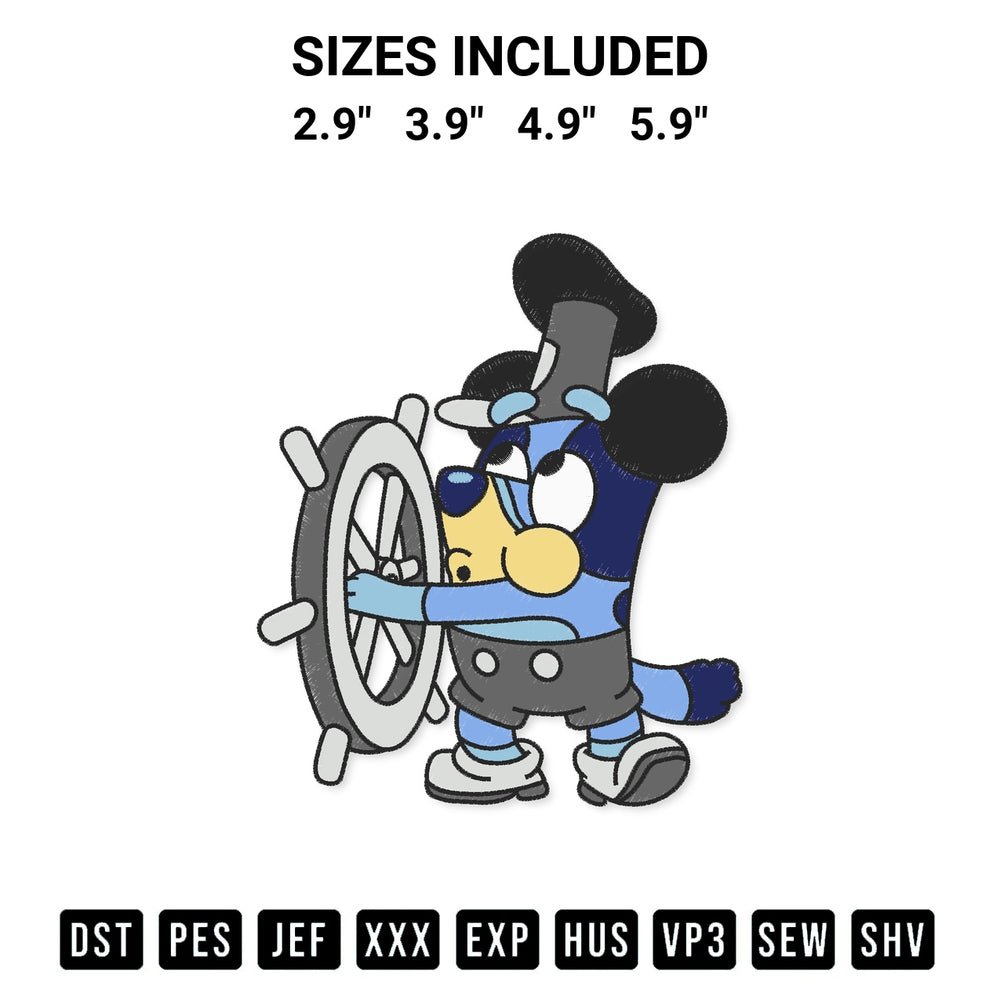 Stitch like a pro with the Captain Bluey Steamboat Embroidery Design embroidery pattern from Designspacks.com. High-quality digital machine embroidery file. Available sizes: 2.9", 3.9", 4.9", 5.9".