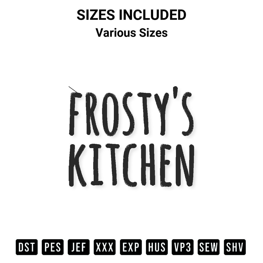Download the Frostys Kitchen Embroidery Design machine embroidery design exclusively at Designspacks.com. Premium digitized pattern for apparel and DIY crafts. Available sizes: Various Sizes.