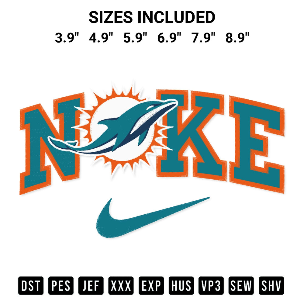 Create amazing crafts with the Miami Dolphins X Nike Embroidery Design embroidery file. High-quality digital download from Designspacks.com, perfect for beginners and pros. Available sizes: 3.9", 4.9", 5.9", 6.9", 7.9", 8.9".