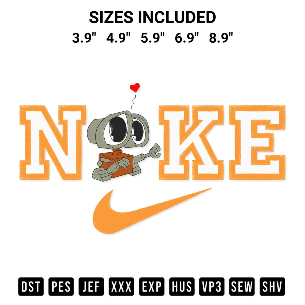 Transform your fabrics with the Wall E Nike Embroidery Design embroidery design. Instant access to premium digitized patterns at Designspacks.com. Available sizes: 3.9", 4.9", 5.9", 6.9", 8.9".