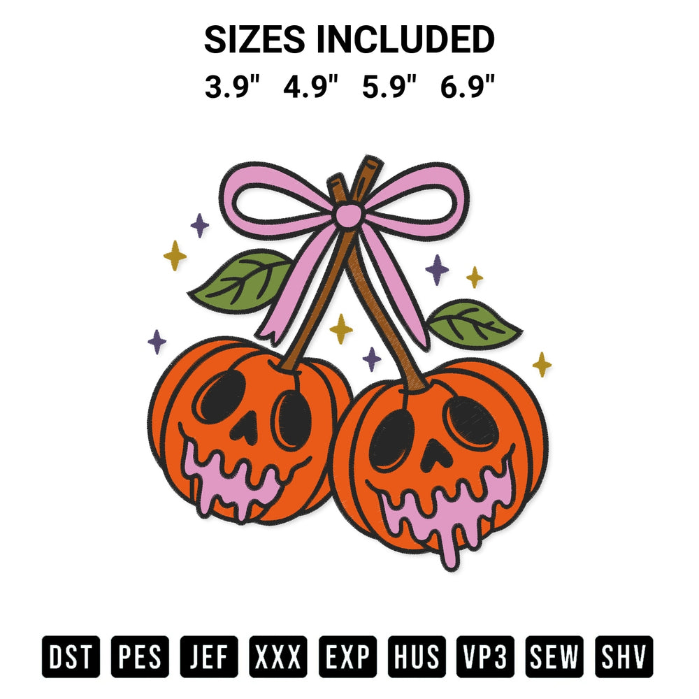 Shop the Cherry Pumpkin Embroidery Design machine embroidery pattern at Designspacks.com. Beautifully digitized for flawless stitching on any fabric. Available sizes: 3.9", 4.9", 5.9", 6.9".