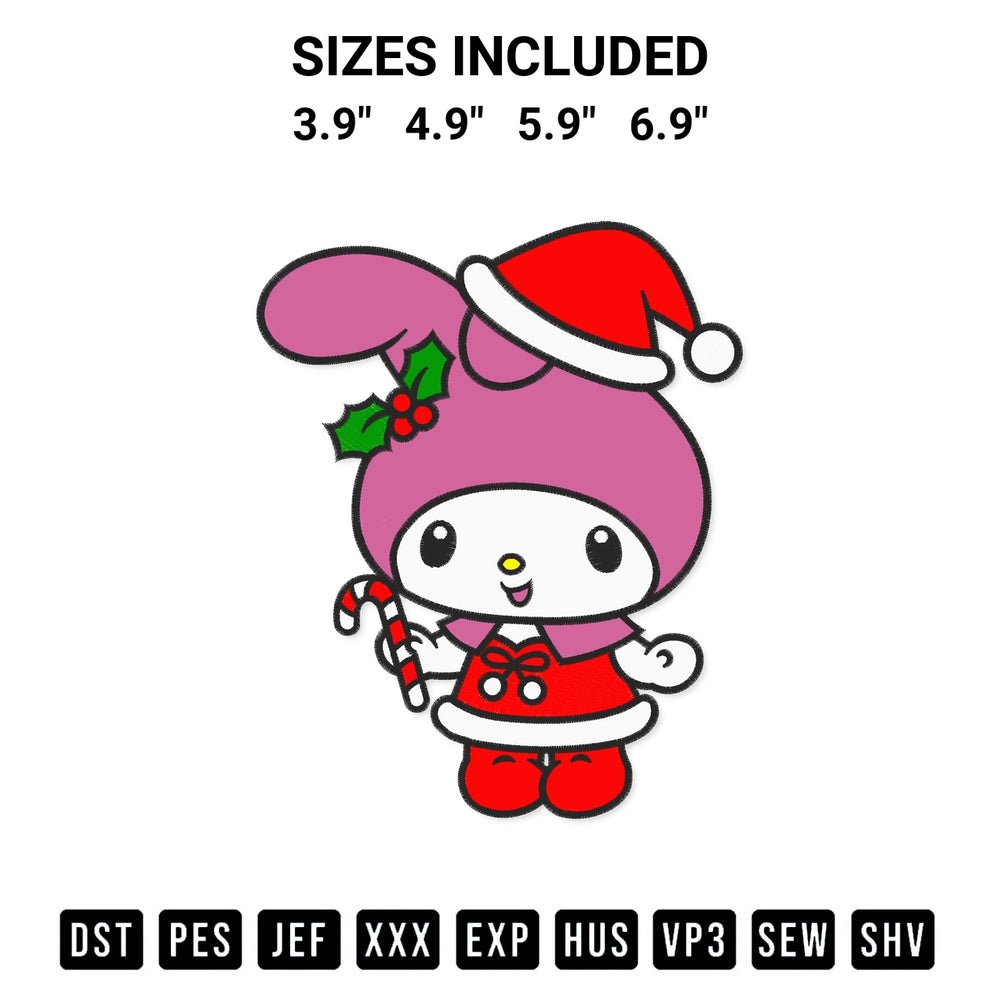 Transform your fabrics with the My Melody Christmas Embroidery Design embroidery design. Instant access to premium digitized patterns at Designspacks.com. Available sizes: 3.9", 4.9", 5.9", 6.9".
