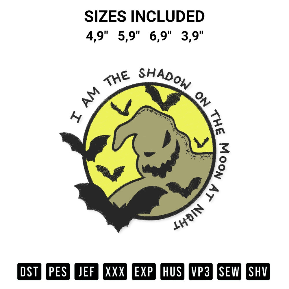 Looking for the perfect pattern? Download the Oogie Boogie I Am The Shadow On The Moon At Night Halloween Logo Embroidery Design embroidery design today at Designspacks.com. Crisp, clean stitching guaranteed. Available sizes: 4,9", 5,9", 6,9", 3,9".