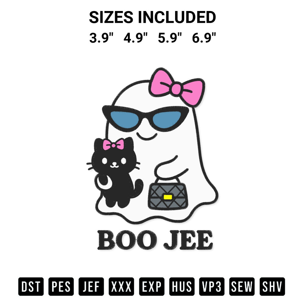 Discover the perfect addition to your crafting collection: Boo Jee Ghost With Black Cat Embroidery Design embroidery file. Instantly available at Designspacks.com. Available sizes: 3.9", 4.9", 5.9", 6.9".
