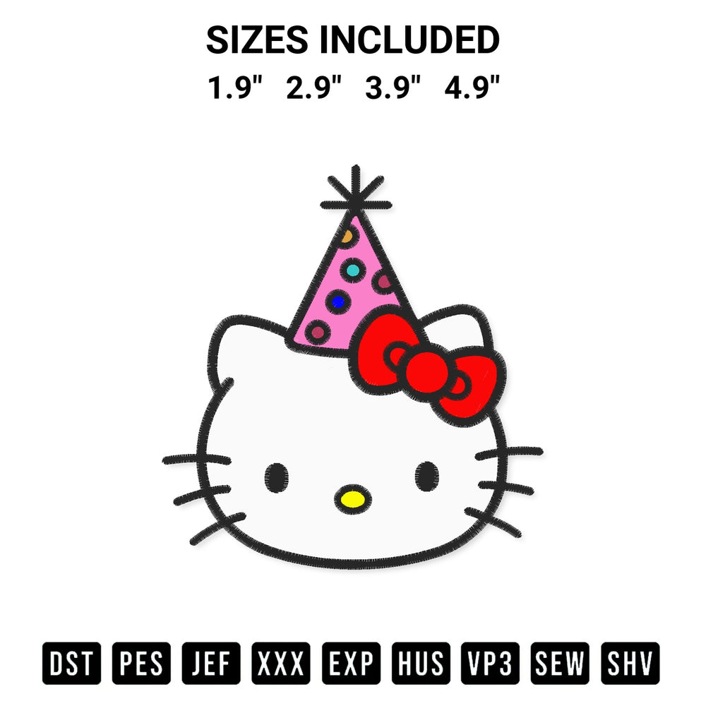 Get the Face Hello Kitty Birthday Party Embroidery Design embroidery design for your custom crafts! Premium digitized files available for instant download at Designspacks.com. Available sizes: 1.9", 2.9", 3.9", 4.9".