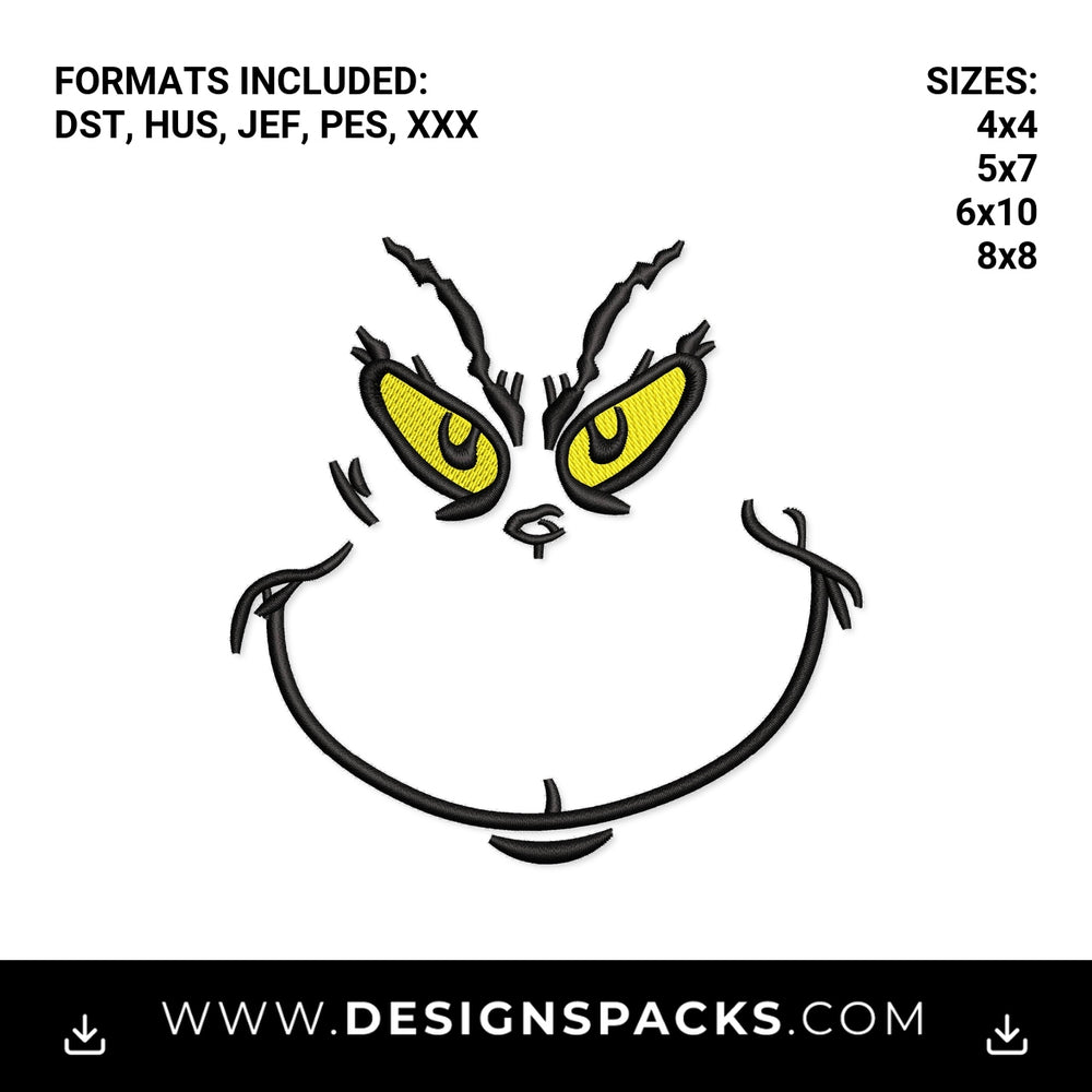 Grinch Face with Yellow Eyes Embroidery Design - Instant digital download pattern at Designspacks.com