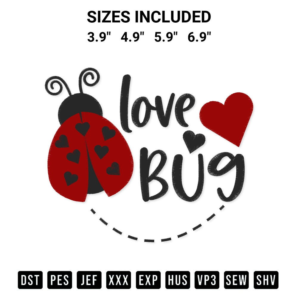 Discover the perfect addition to your crafting collection: Love Bug Ladybug Embroidery Design embroidery file. Instantly available at Designspacks.com. Available sizes: 3.9", 4.9", 5.9", 6.9".