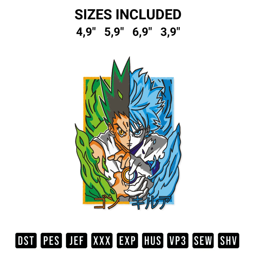 Create amazing crafts with the Gon And Killua Logo Embroidery Design embroidery file. High-quality digital download from Designspacks.com, perfect for beginners and pros. Available sizes: 4,9", 5,9", 6,9", 3,9".
