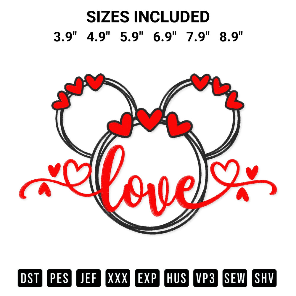 Add a unique touch to your apparel with the Love Heart Mickey Embroidery Design embroidery file. Premium instant download available now on Designspacks.com. Available sizes: 3.9", 4.9", 5.9", 6.9", 7.9", 8.9".