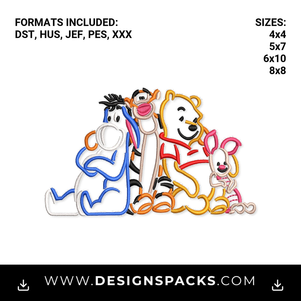 Winnie the Pooh and Friends Outline Embroidery Design - Instant digital download pattern at Designspacks.com