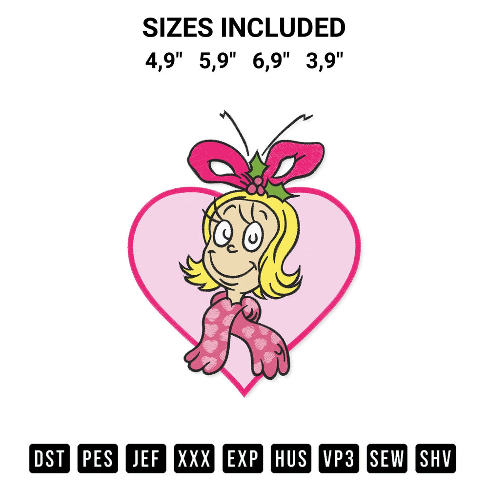 Stitch like a pro with the Cindy Lou Cute Dr. Seuss Embroidery Design embroidery pattern from Designspacks.com. High-quality digital machine embroidery file. Available sizes: 4,9", 5,9", 6,9", 3,9".