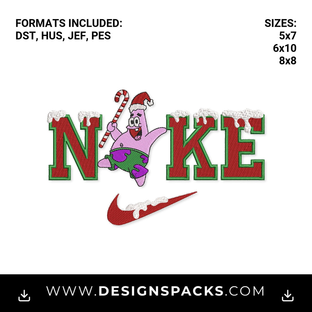 Christmas Patrick Star Nike Swoosh Embroidery Design - Instant digital download pattern at Designspacks.com