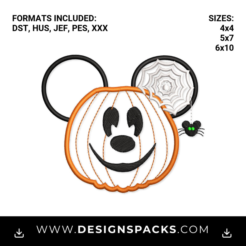 Halloween Mouse Pumpkin with Spider Web Embroidery Design - Instant digital download pattern at Designspacks.com