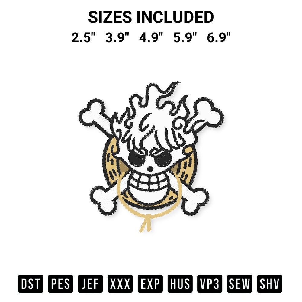 Shop the Luffy Gear 5 Jolly Roger Embroidery Design machine embroidery pattern at Designspacks.com. Beautifully digitized for flawless stitching on any fabric. Available sizes: 2.5", 3.9", 4.9", 5.9", 6.9".