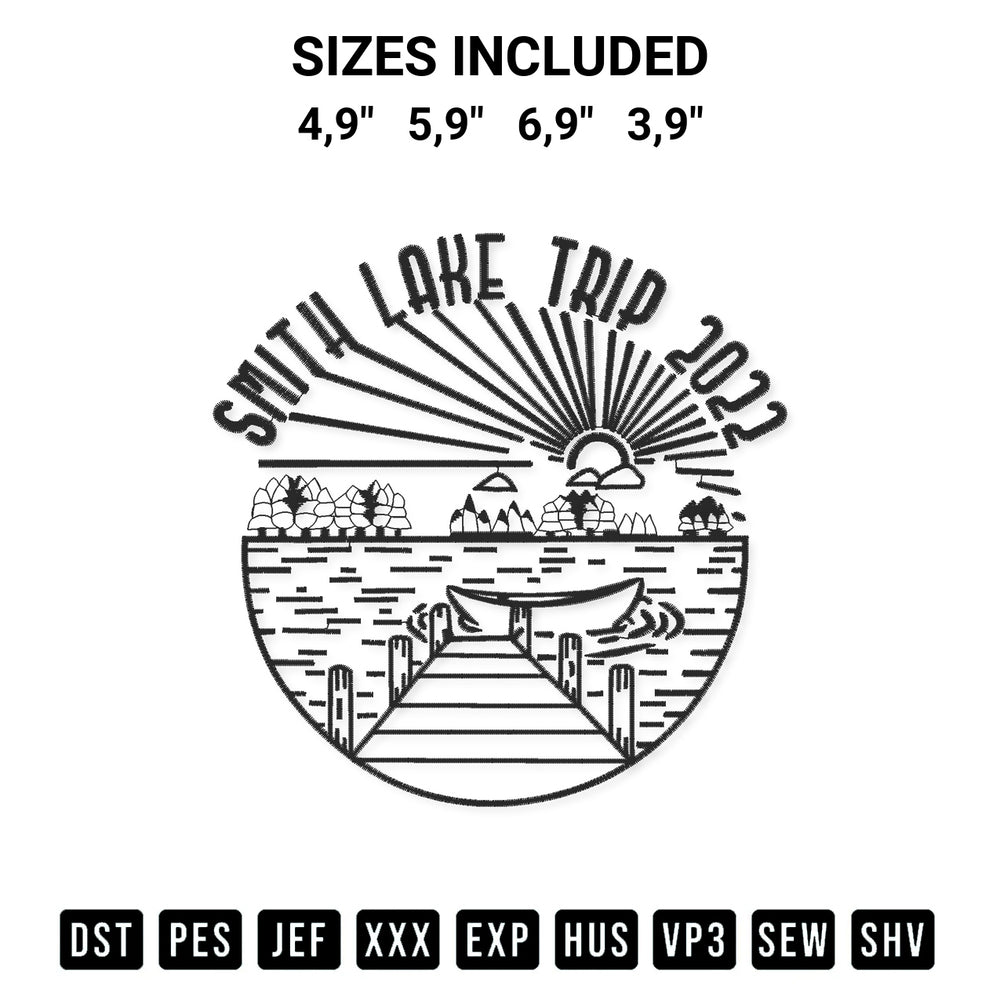Download the Smith Lake Trip 2022 Logo Embroidery Design machine embroidery design exclusively at Designspacks.com. Premium digitized pattern for apparel and DIY crafts. Available sizes: 4,9", 5,9", 6,9", 3,9".