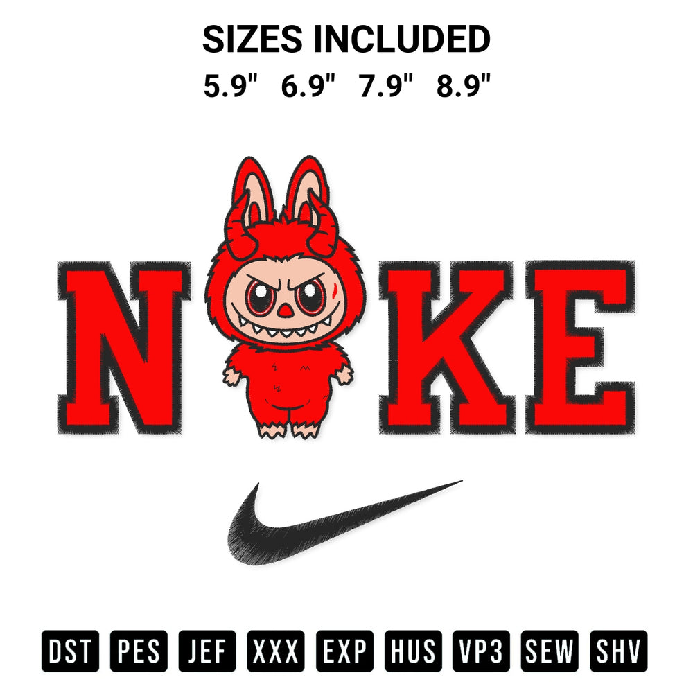 Transform your fabrics with the Nike Devil Demon Labubu Embroidery Design embroidery design. Instant access to premium digitized patterns at Designspacks.com. Available sizes: 5.9", 6.9", 7.9", 8.9".
