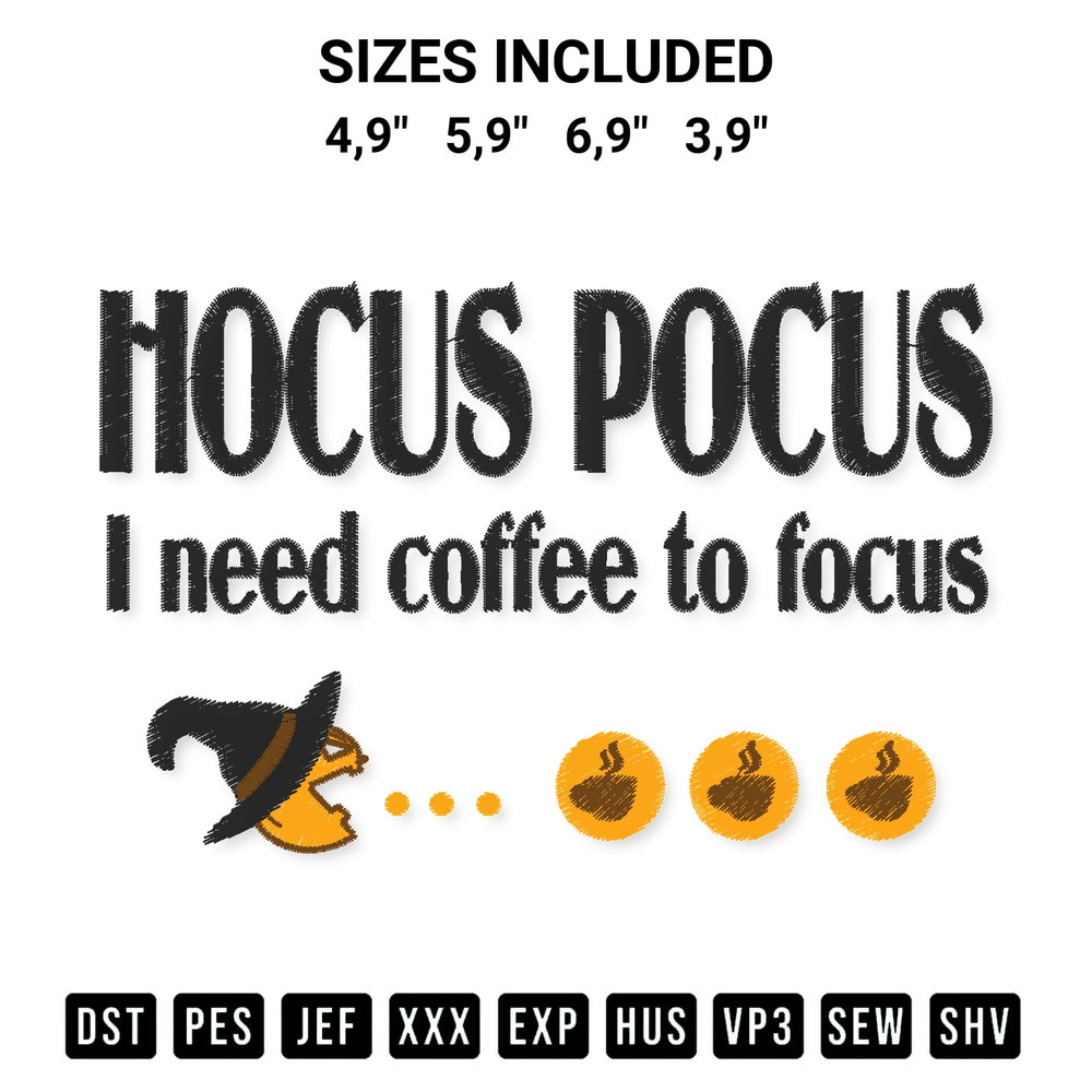 Add a unique touch to your apparel with the Pac Man Halloween Video Game Hocus Pocus I Need Coffee To Focus Logo Embroidery Design embroidery file. Premium instant download available now on Designspacks.com. Available sizes: 4,9", 5,9", 6,9", 3,9".