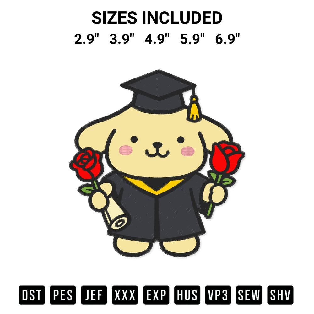 Shop the Pompompurin Flower And Grad Cap Embroidery Design machine embroidery pattern at Designspacks.com. Beautifully digitized for flawless stitching on any fabric. Available sizes: 2.9", 3.9", 4.9", 5.9", 6.9".