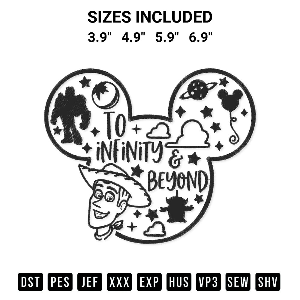 Transform your fabrics with the Mickey Toy Story To Infinity And Beyond Embroidery Design embroidery design. Instant access to premium digitized patterns at Designspacks.com. Available sizes: 3.9", 4.9", 5.9", 6.9".