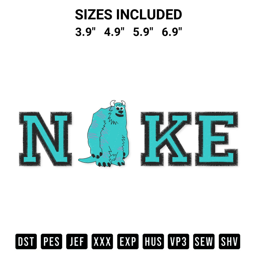 Create amazing crafts with the Nike James P. Sullivan Monster Embroidery Design embroidery file. High-quality digital download from Designspacks.com, perfect for beginners and pros. Available sizes: 3.9", 4.9", 5.9", 6.9".