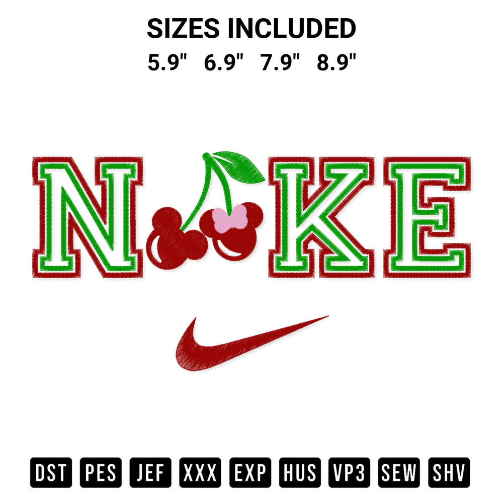 Add a unique touch to your apparel with the Mickey Minnie Cherry X Nike Embroidery Design embroidery file. Premium instant download available now on Designspacks.com. Available sizes: 5.9", 6.9", 7.9", 8.9".