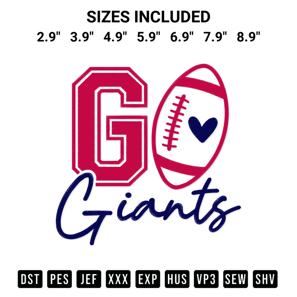 Download the Go Giants Football Embroidery Design machine embroidery design exclusively at Designspacks.com. Premium digitized pattern for apparel and DIY crafts. Available sizes: 2.9", 3.9", 4.9", 5.9", 6.9", 7.9", 8.9".