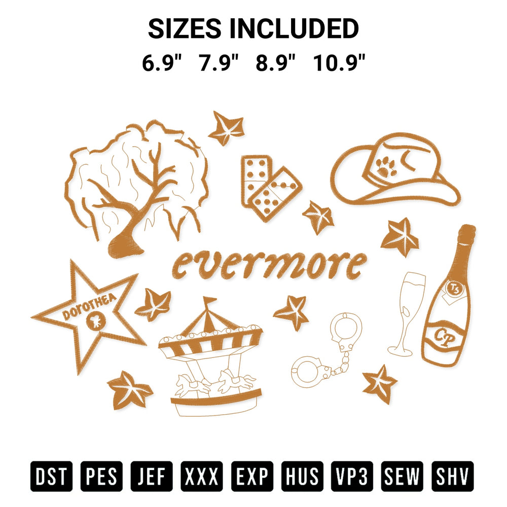 Add a unique touch to your apparel with the Evermore Album Embroidery Design embroidery file. Premium instant download available now on Designspacks.com. Available sizes: 6.9", 7.9", 8.9", 10.9".