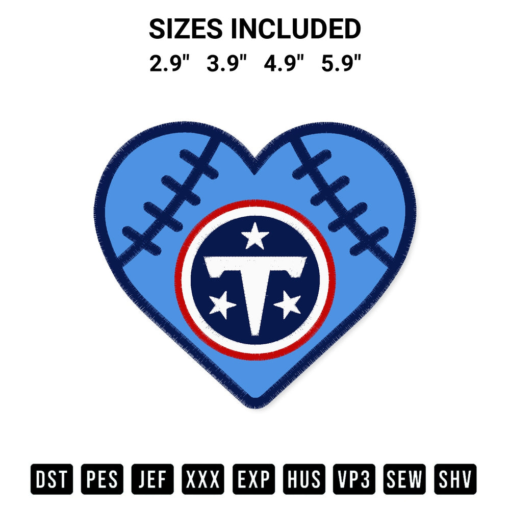 Stitch like a pro with the Tennessee Titans Blue Heart Embroidery Design embroidery pattern from Designspacks.com. High-quality digital machine embroidery file. Available sizes: 2.9", 3.9", 4.9", 5.9".