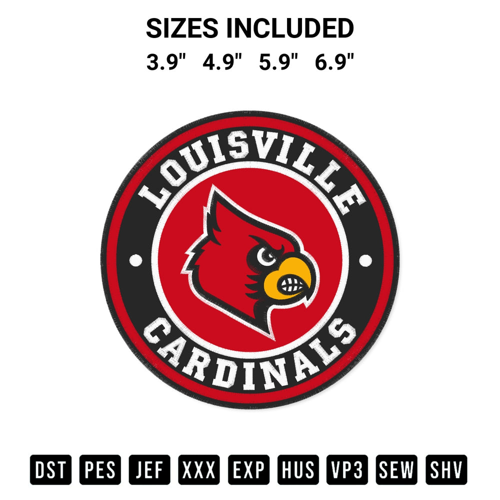 Transform your fabrics with the Louisville Cardinals Circle Logo Embroidery Design embroidery design. Instant access to premium digitized patterns at Designspacks.com. Available sizes: 3.9", 4.9", 5.9", 6.9".