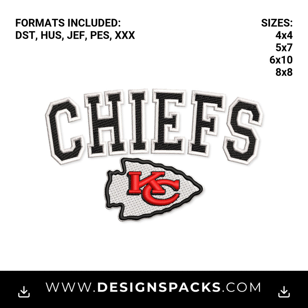 Arched Chiefs Text KC Arrowhead Logo Embroidery Design - Instant digital download pattern at Designspacks.com