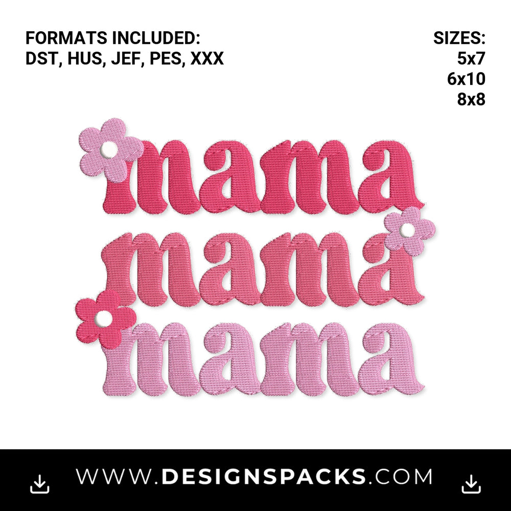 Retro Pink Stacked Mama with Flowers Embroidery Design - Instant digital download pattern at Designspacks.com