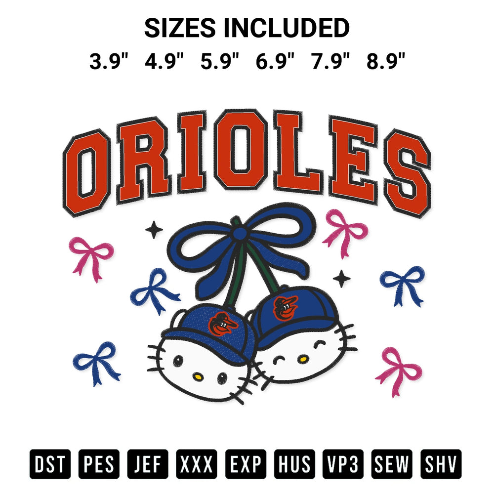 Shop the Baltimore Orioles Hello Kitty Cherries Embroidery Design machine embroidery pattern at Designspacks.com. Beautifully digitized for flawless stitching on any fabric. Available sizes: 3.9", 4.9", 5.9", 6.9", 7.9", 8.9".