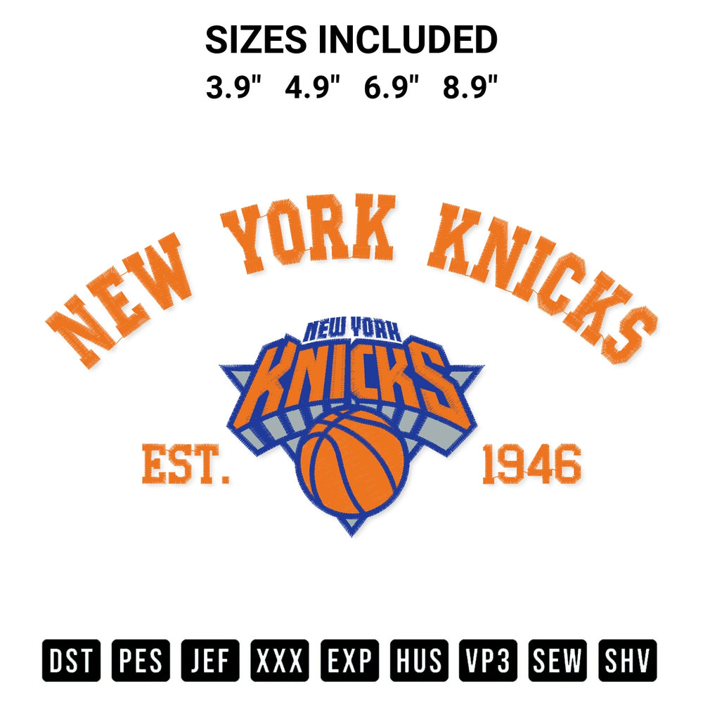 Transform your fabrics with the New York Knicks Est 1946 Embroidery Design embroidery design. Instant access to premium digitized patterns at Designspacks.com. Available sizes: 3.9", 4.9", 6.9", 8.9".