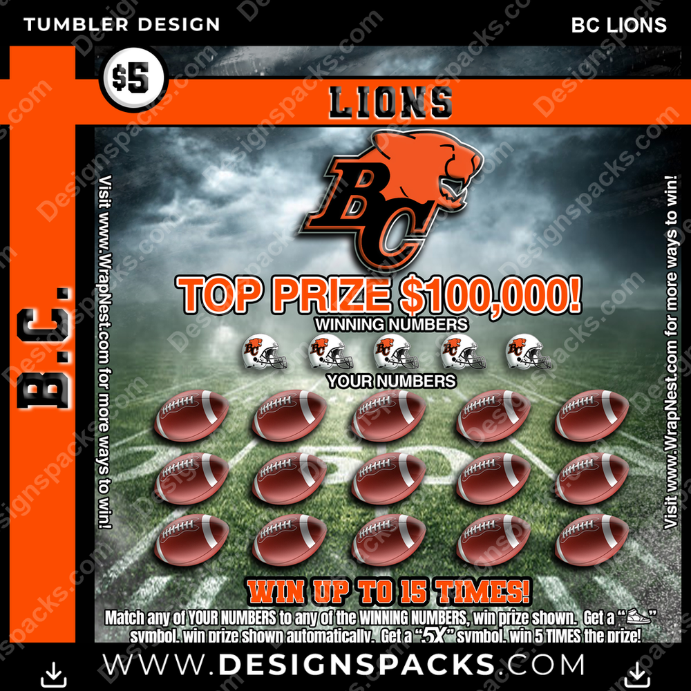 Canada Football Lottery Ticket BC Lions CFL Canada Tumbler Digital Wrap Design Download