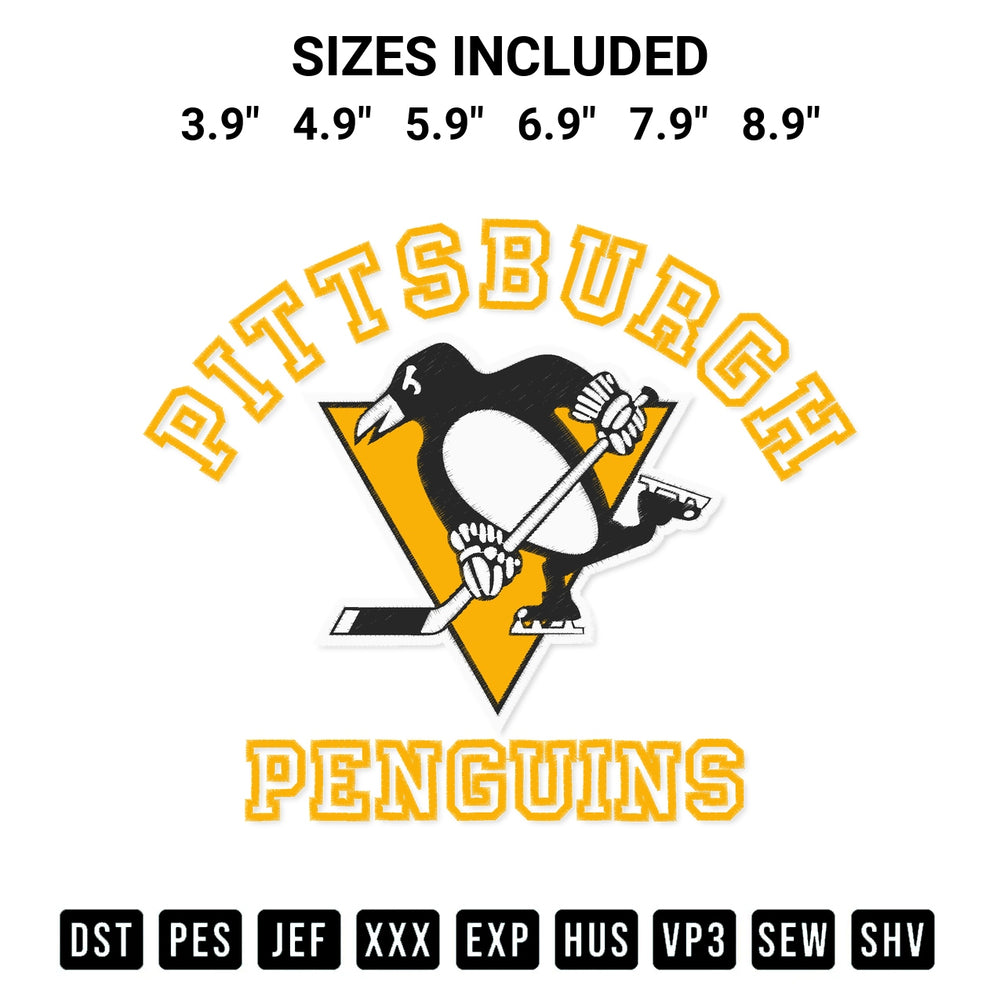 Transform your fabrics with the Pittsburgh Penguins Team Embroidery Design embroidery design. Instant access to premium digitized patterns at Designspacks.com. Available sizes: 3.9", 4.9", 5.9", 6.9", 7.9", 8.9".