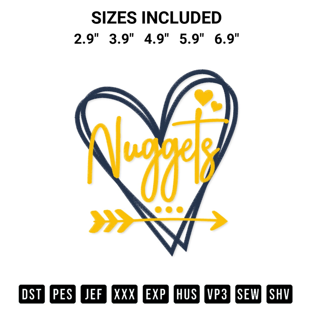 Add a unique touch to your apparel with the Denver Nuggets Heart Embroidery Design embroidery file. Premium instant download available now on Designspacks.com. Available sizes: 2.9", 3.9", 4.9", 5.9", 6.9".