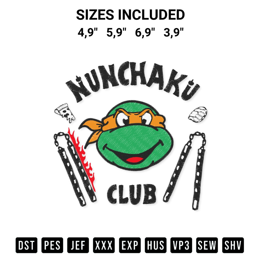 Create amazing crafts with the Nunchaku Club Ninja Turtle Stranger Things Logo Embroidery Design embroidery file. High-quality digital download from Designspacks.com, perfect for beginners and pros. Available sizes: 4,9", 5,9", 6,9", 3,9".