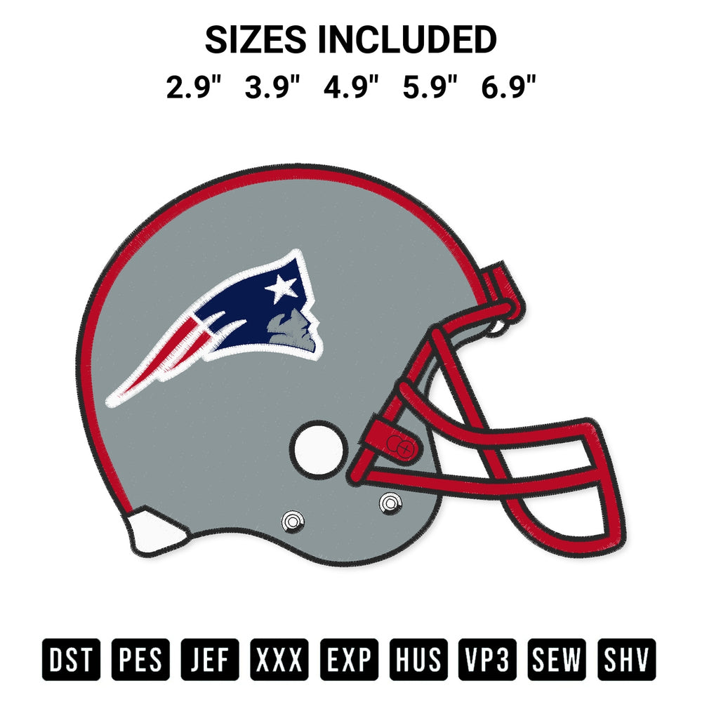 Get the New England Patriots Helmet Embroidery Design embroidery design for your custom crafts! Premium digitized files available for instant download at Designspacks.com. Available sizes: 2.9", 3.9", 4.9", 5.9", 6.9".