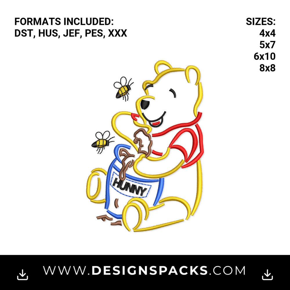 Cute Honey Bear with Hunny Pot & Bees Embroidery Design - Instant digital download pattern at Designspacks.com