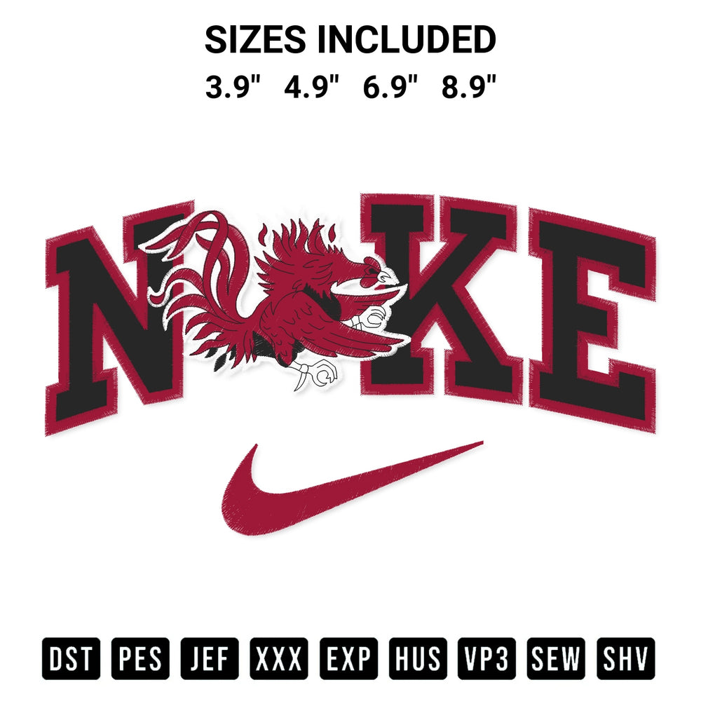 Create amazing crafts with the South Carolina Gamecocks X Nike Embroidery Design embroidery file. High-quality digital download from Designspacks.com, perfect for beginners and pros. Available sizes: 3.9", 4.9", 6.9", 8.9".