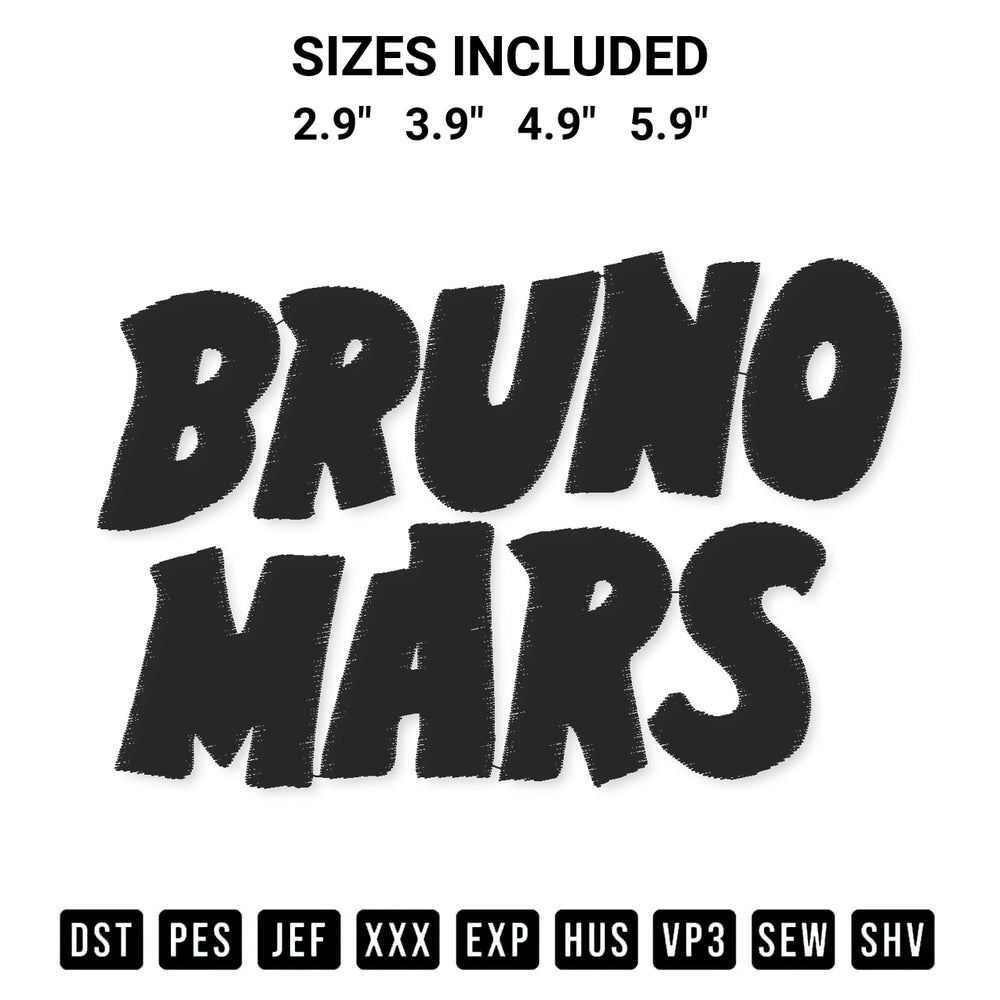 Add a unique touch to your apparel with the Bruno Mars Logo Embroidery Design embroidery file. Premium instant download available now on Designspacks.com. Available sizes: 2.9", 3.9", 4.9", 5.9".