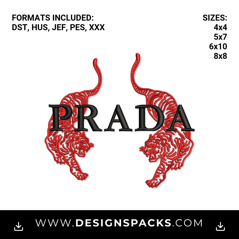 Prada Logo with Red Tigers Embroidery Design - Instant digital download pattern at Designspacks.com