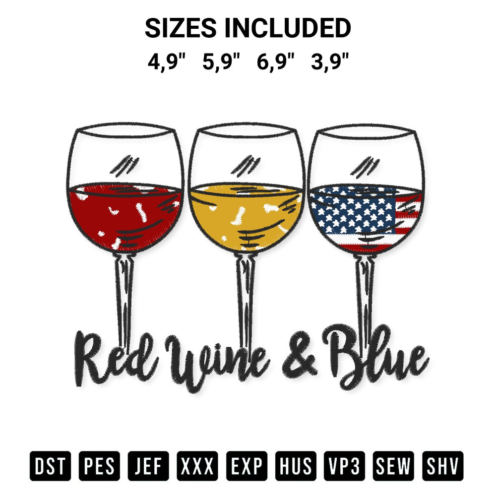 Shop the Red Wine And Blue Logo Embroidery Design machine embroidery pattern at Designspacks.com. Beautifully digitized for flawless stitching on any fabric. Available sizes: 4,9", 5,9", 6,9", 3,9".