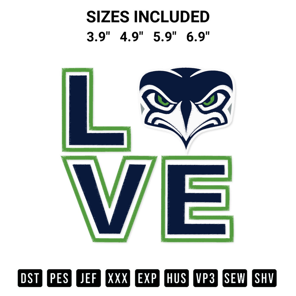 Transform your fabrics with the Love Seattle Seahawks Football Embroidery Design embroidery design. Instant access to premium digitized patterns at Designspacks.com. Available sizes: 3.9", 4.9", 5.9", 6.9".
