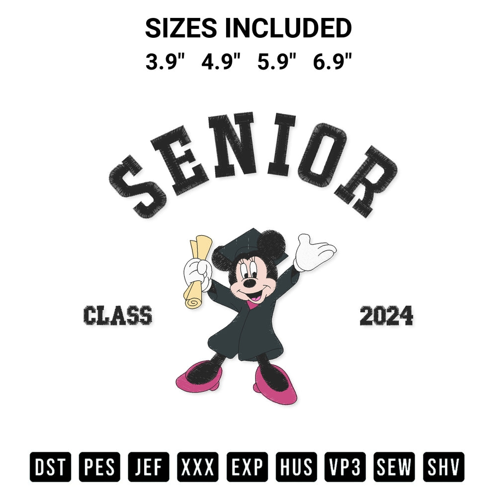 Discover the perfect addition to your crafting collection: Minnie Senior Class 2024 Embroidery Design embroidery file. Instantly available at Designspacks.com. Available sizes: 3.9", 4.9", 5.9", 6.9".